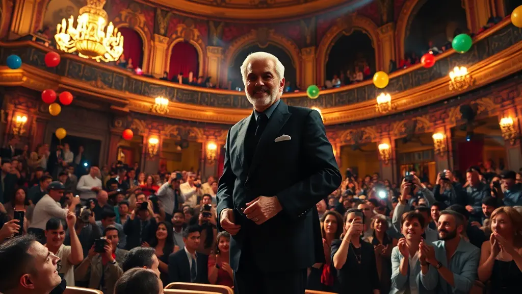 حصل الممثل المصري العالمي عمر الشريف على جائزة أفضل ممثل في دار الأوبرا المصرية خلال احتفال بهيج. يقف بثقة على خشبة المسرح مرتديًا بدلة سوداء أنيقة، ينضح بالرشاقة والأناقة. هتف الجمهور، المليء بالمشجعين المتحمسين، بصوت عالٍ بينما التقط المصورون اللحظة. ألقت إضاءة المسرح الاحترافية وهجًا دافئًا على المكان، مما خلق أضواء وظلالًا دراماتيكية. كان الجو احتفاليًا بشكل جميل، مع البالونات والقصاصات الورقية التي أضافت إلى المزاج الاحتفالي. تركز الكاميرا على وجه عمر المبتهج، محاطًا بخلفية ملونة من الهندسة المعمارية المزخرفة لدار الأوبرا المصرية. (فيديو) تتحرك الكاميرا ببطء فوق الحشد، مسلطة الضوء على الوجوه الفردية وردود الفعل قبل أن تعود إلى عمر الشريف وهو يستلم جائزته. تم التقاط المشهد بأسلوب تصوير سينمائي، مع التركيز على القوام الغني والألوان النابضة بالحياة للمكان.