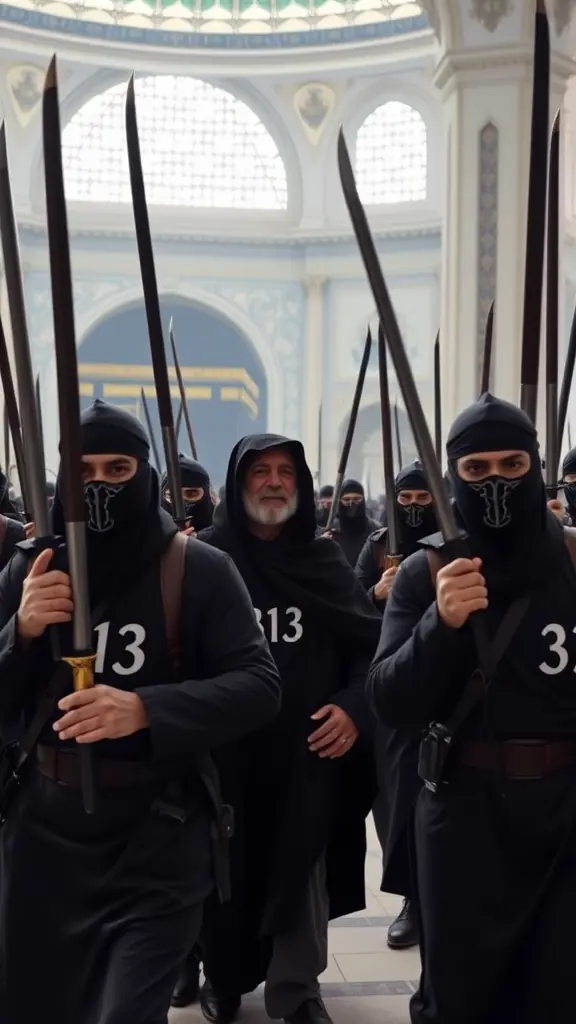 اشخاص ملثمين مع شعار 313 على صدورهم يحملون السيوف في الحرم المكي مع وجود القائد رجل كبير السن يرتدي عبايه سوداء وجهه غير واضح 