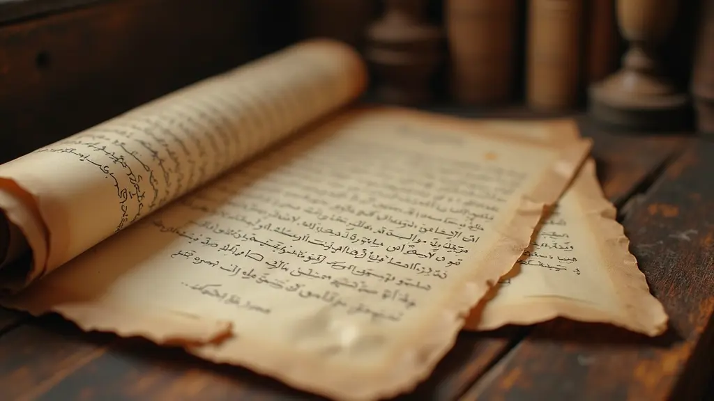 رسالة ورقية قديمة ملفوفة يعني ليست مستوية او مبسوطة وليست ظاهرة الكتابة على مكتب قديم من الخشب وليس بجانبها اي ورقة او رسالة اخرى محاكيا اجواء واحداث وحتى الاشياء كيف كانت في السنة الثالثة هجرية