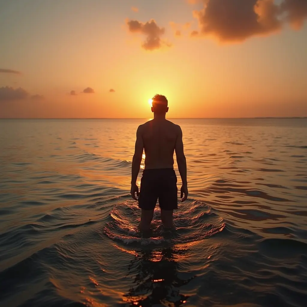 شخص في البحر وقت الغروب