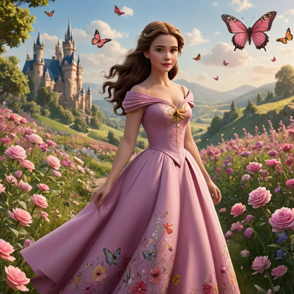 صوره شخصيه كرتونيه لبيل من فيلم الجميله والوحش وترتدي فستان وردي في حقل مليئ بالزهور والفراشات وهناك فراشه على شعرها
