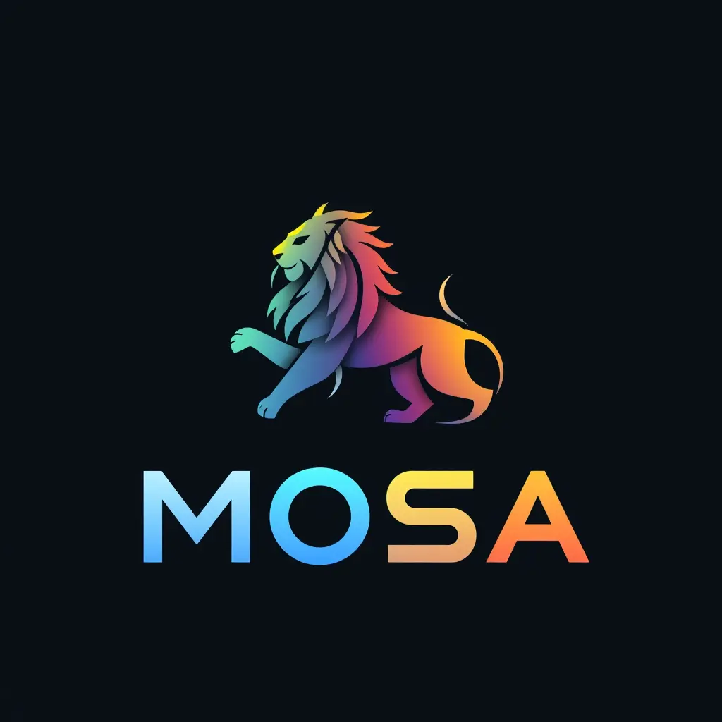 Generate a minimalistic futuristic style logo in 3d for a company named '𝐌𝐎𝐒𝐀' . The logo should prominently feature mythology and lion which uses gradient colors palette.