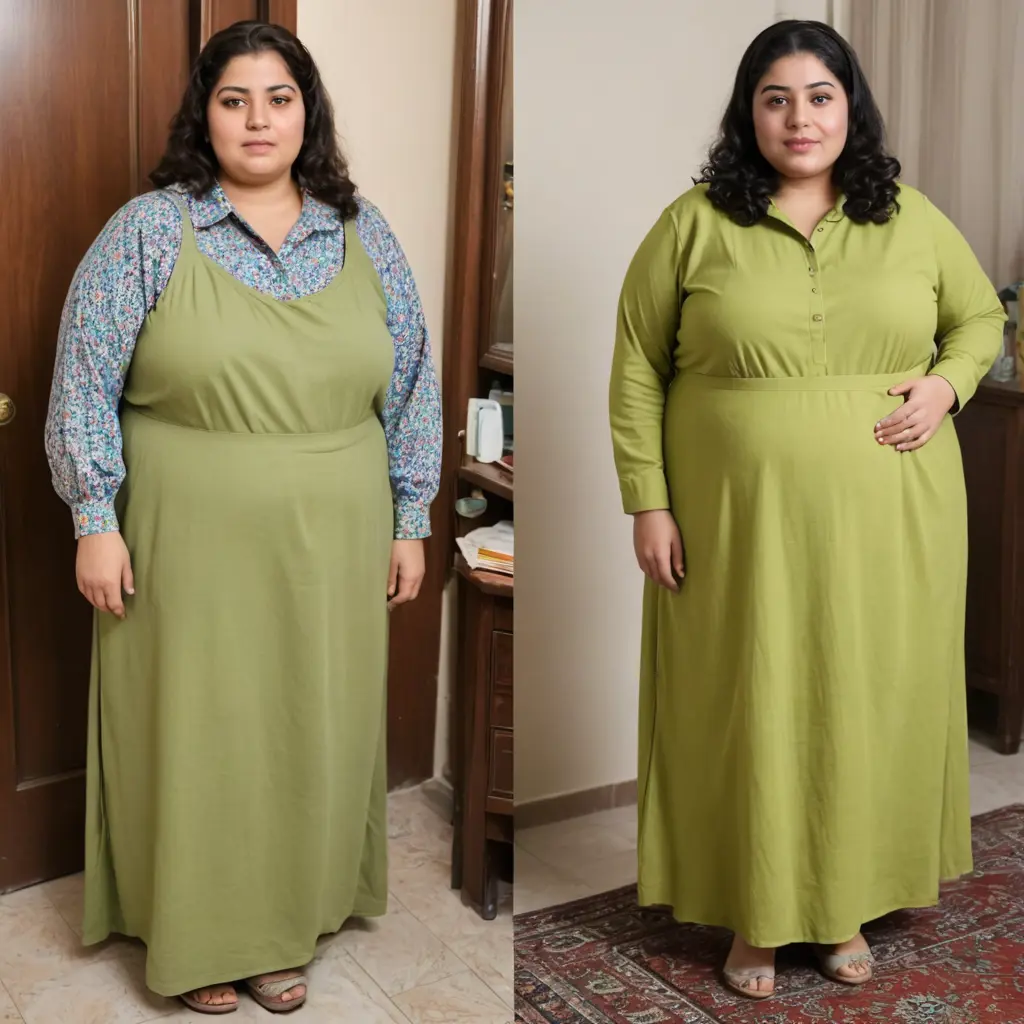 صورة لسيدة مصرية حديثة سمينة جدا في منزلها بثياب محتشمة وجسما سمين جدا ثم اصبح نحيف جدا قبل وبعد التخسيس اصبحت نحيفة