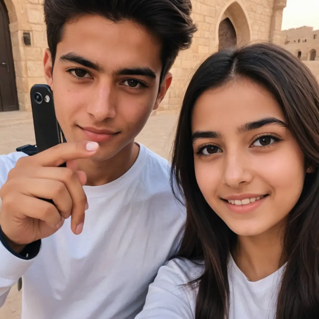 صورة بنت عربية بعمر 15 تتصور سلفي وبجانهبا صديقها ويوجد مسافة بينهما