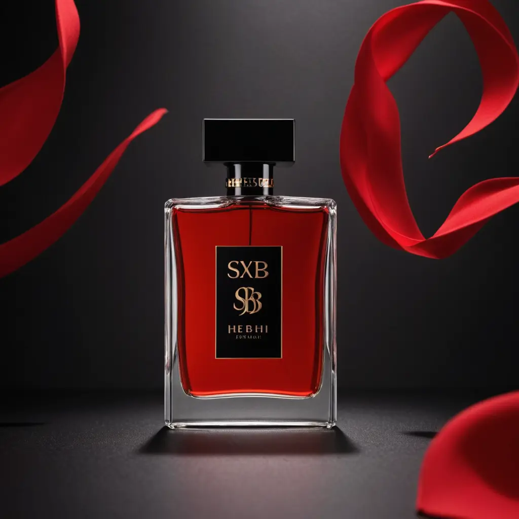 أن يكون عطر واسمه hebh ويكون باللون الاحمر والاسود ويكون فخم  وان يكون خلف العطر شعار sxb