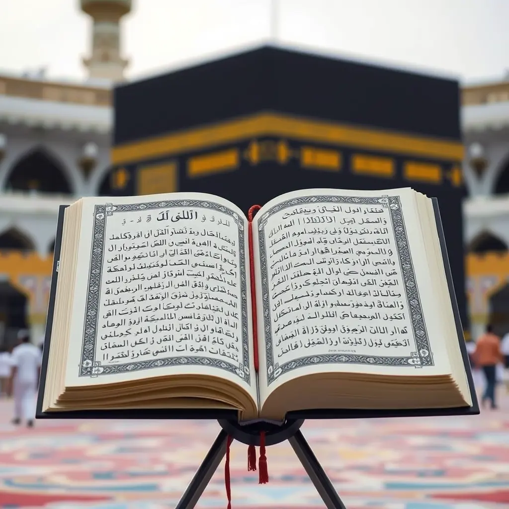مصحف مفتوح أمام الكعبة علي حامل الكلام لا يكون ظاهر والصورة أكثر واقعية
