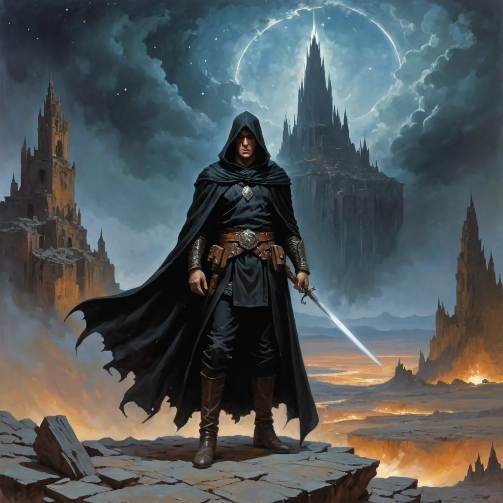 70s dark fantasy style. gerald brom art. book cover illustration. A hooded mage wearing a worn and tattered black cloak over leather armor faces a vast horizon of a rocky wasteland dotted with ancient crumbling ruins and towering spires. The sky is a mixture of abstract thunderclouds and starry nebula swirling at the center into a vortex.
