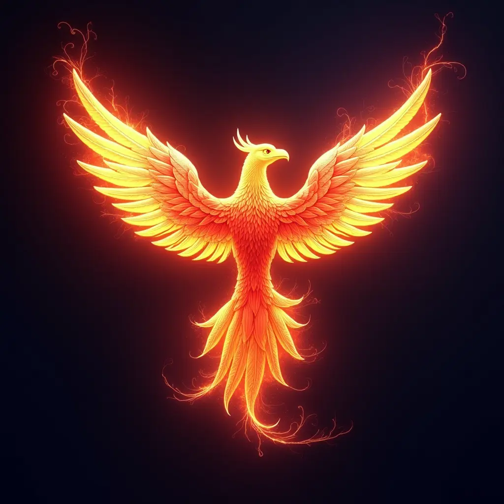شعار طائر العنقاء يخرج من نيران رقمية، بمظهر مستقبلي وألوان نيون مضيئة، ثلاثي الأبعاد