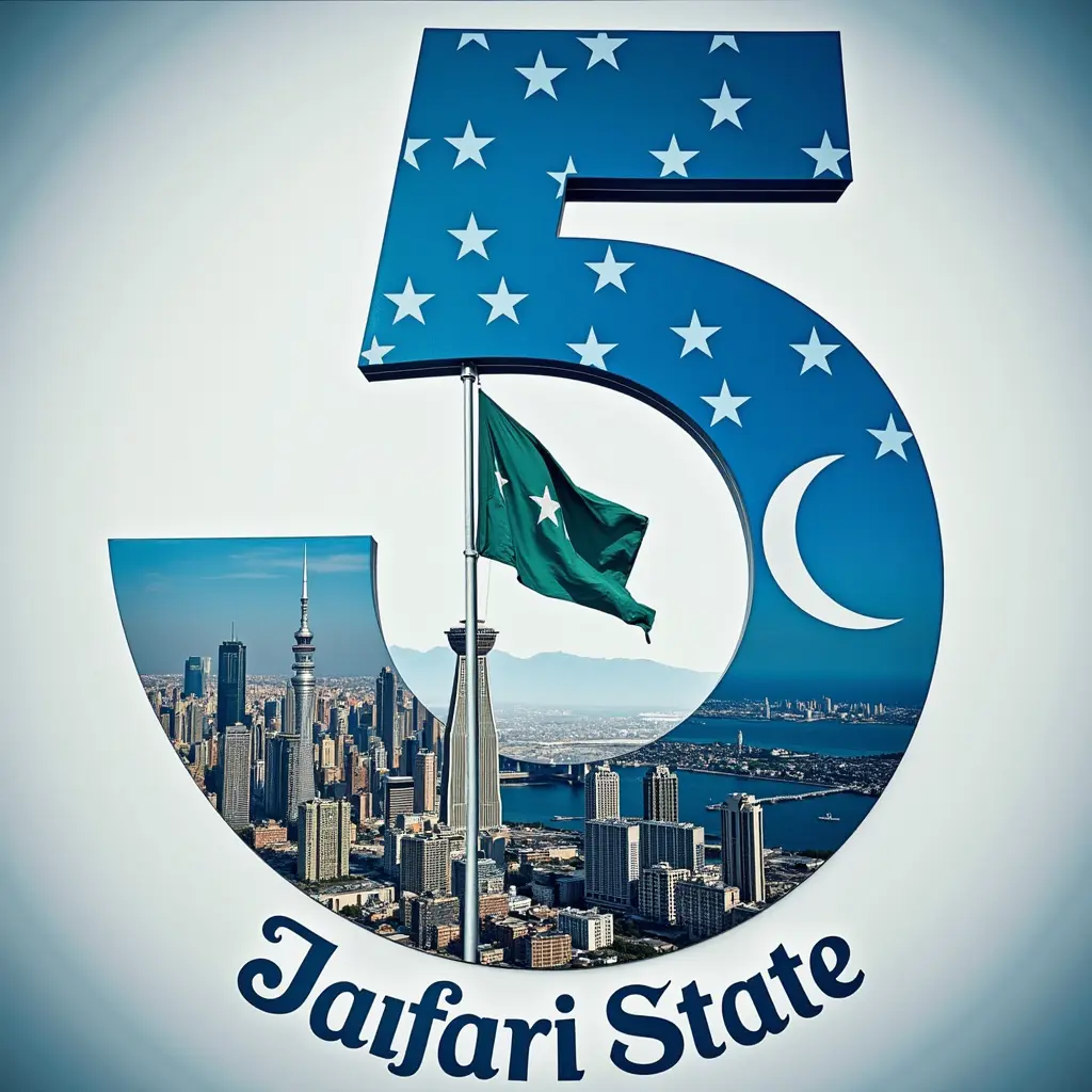 رقم 5 يرمز للذكرى الخامسة للتأسيس مع إسم الدولة الجعفرية فوق مدينة كبيرة بجانب علم أزرق يحتوي على هلال و نجمة بيضاوان