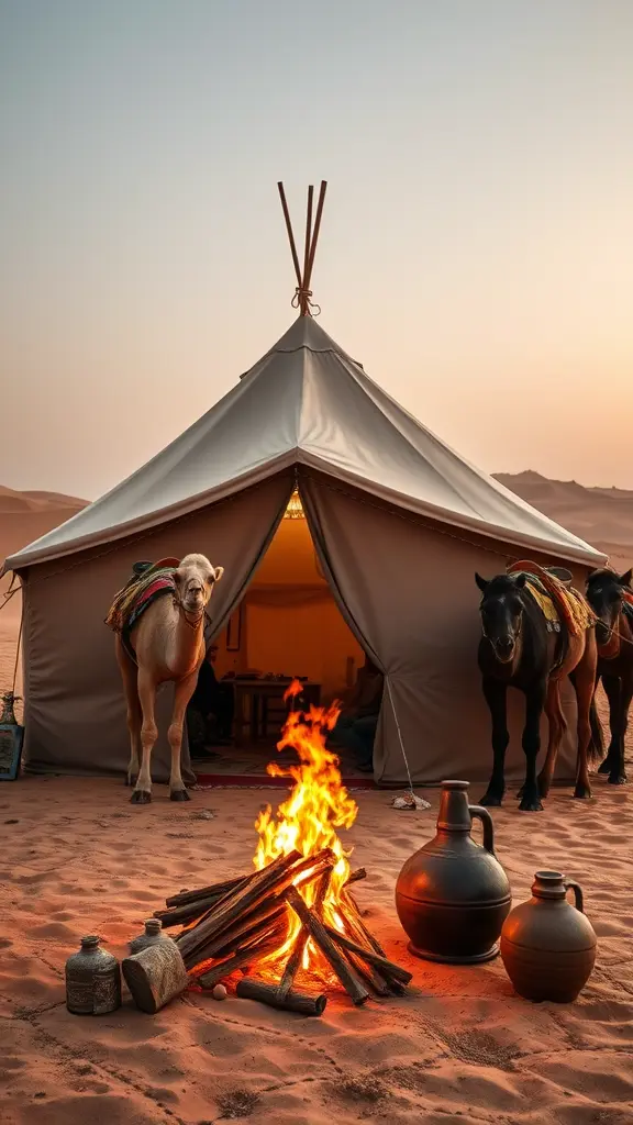 خيمة سعودية في الصحراء ونار في مقدمة الخيمة وابل وخيول ودلال واباريق بجوار النار