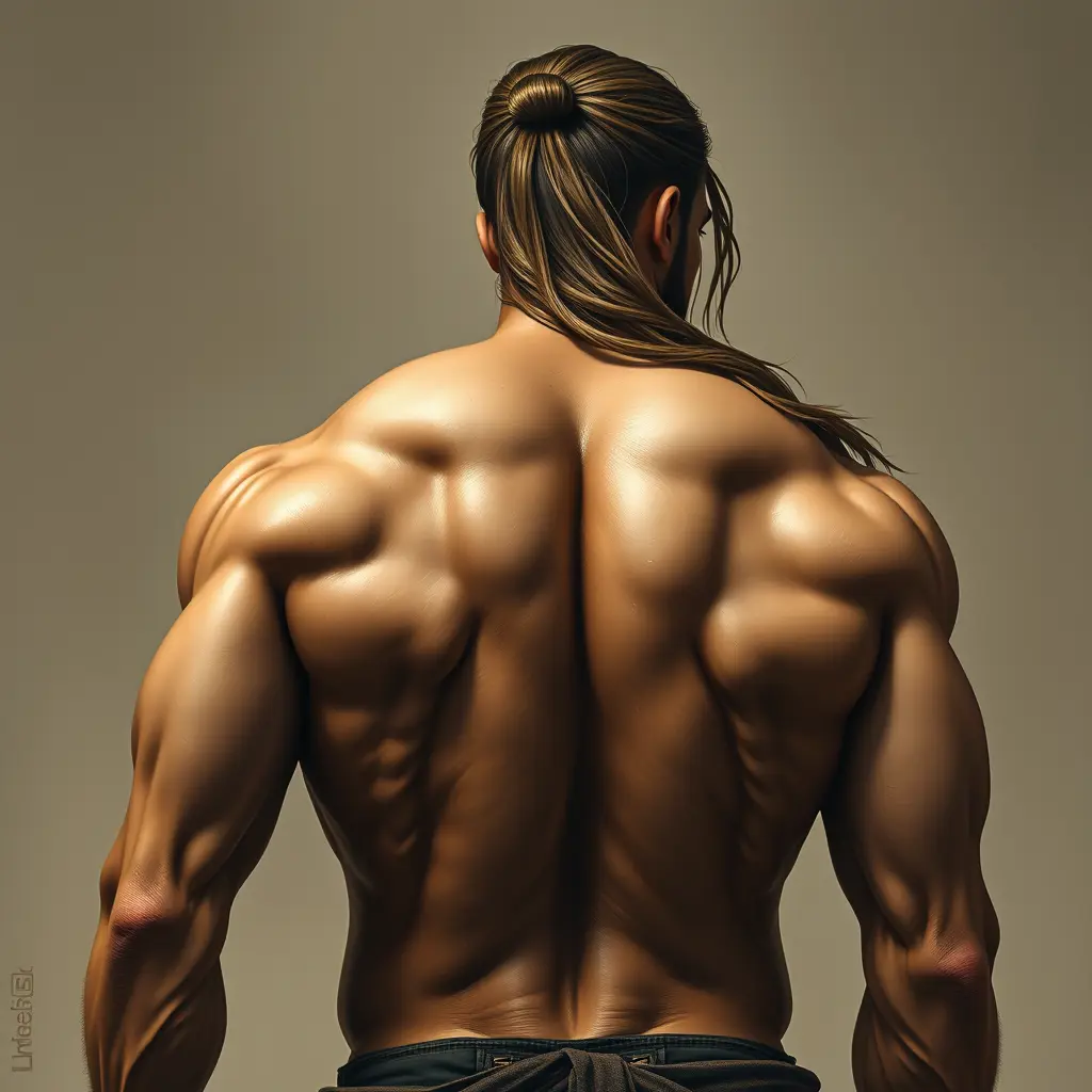 رجل معضل شعره طويل في بحر ظهر عريض وعضلاته بازرة وشعره مربوط 