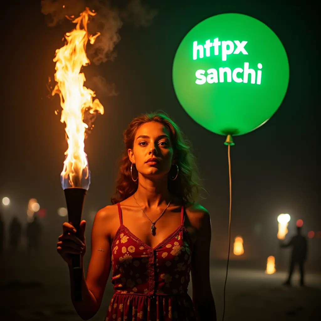 اريظ منك ان تصمم لي صورة يوجد فيها إمرء تحمل شعال مكتوب بالنيون httpx sanchi بالون أخضر.