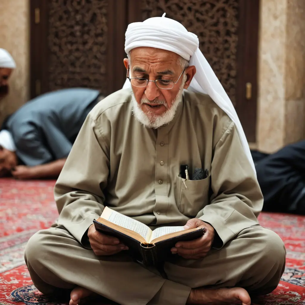 صورة رجل عجوز يقرأ القرآن وهو يبكي في المسجد
