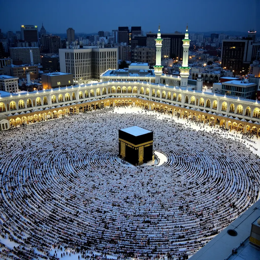 مكة المكرمة من الأعلى مع تساقط الثلوج على الساحة