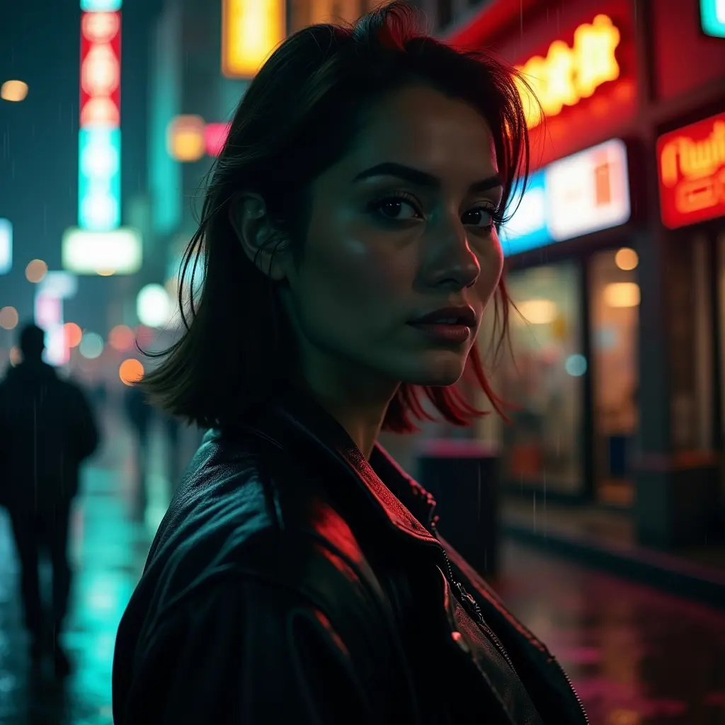 صورة ليلية سينمائية، إضاءة منخفضة المستوى، لهجات نيون، شوارع غارقة في المطر، مستوحاة من فيلم نوير، تدرج ألوان مزاجي