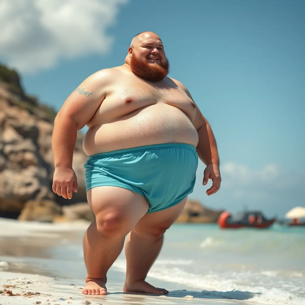 رجل سمين يذهب للشاطى بسروال سباحه