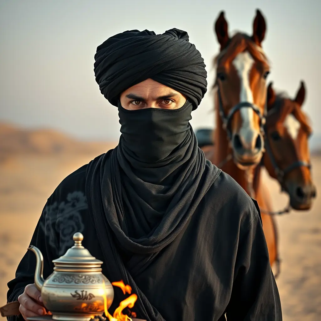 رجل عربي ملثم ويلبس عمامة سوداء ملتفت وراءه بشموخ وشهامة في الصحراء يساره ابريق شاي يسخنه على النار ويمينه حصان عربي اصيل وصديقه الذي يلبس لباسا عتيقا وراءه