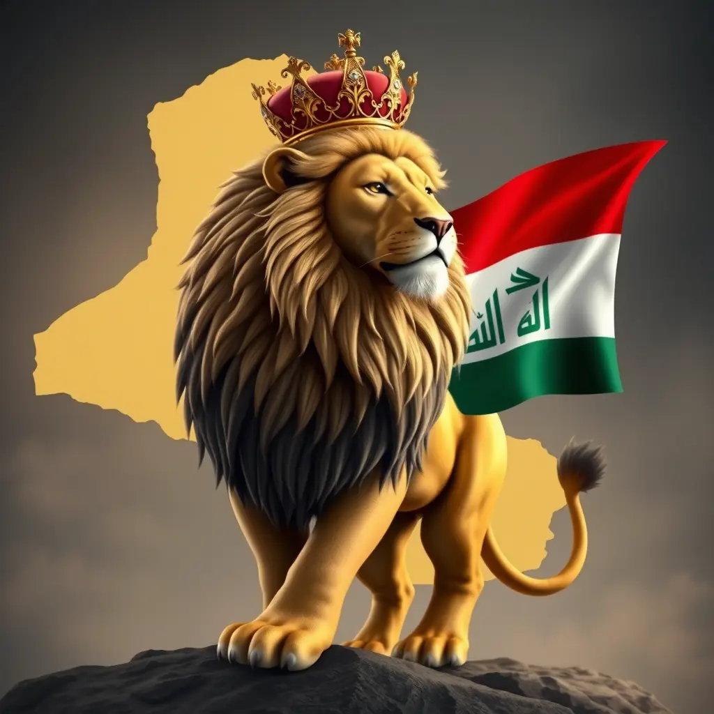 اسد كبير وخلفه خريطة العراق على رأسه تاج ملكي ويحمل علم العراق فاخر