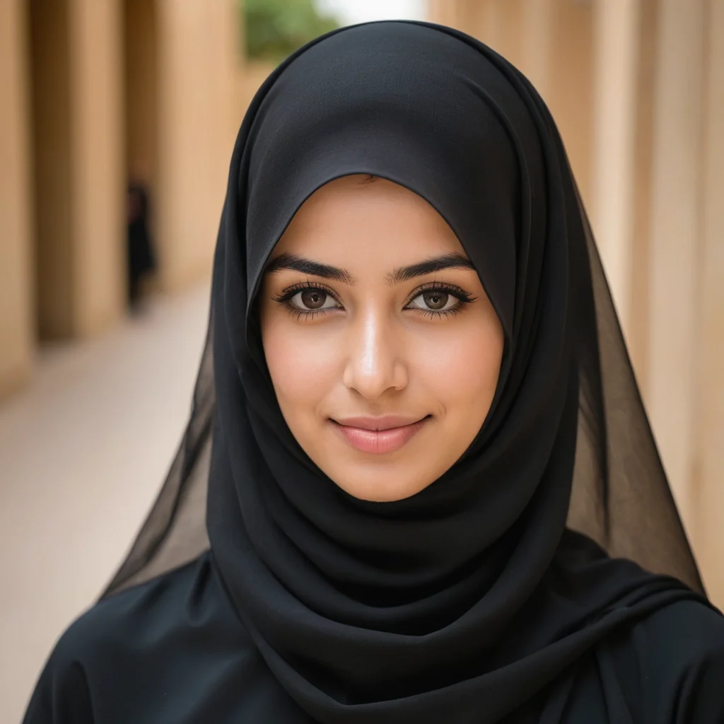 صورة لطالبة جامعية عربية محجبة كأنها كويتية صورتها بحجاب كويتي اسود فقدط بدون اي شيء فوق الحجاب تحب الدراسة والتدريس وفي نفس الصورة في دارئرة فوق رأسها كأنها تتخيل صورتها تصبح مدرسة