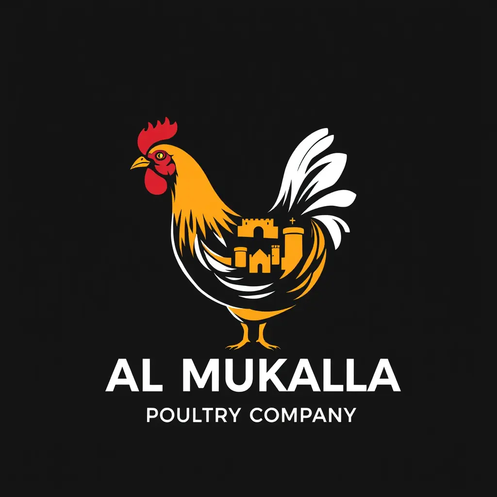 تصميم شعار احترافي لشركة دواجن المكلا ويكون اظهار الجزء العلوي للدجاج فقط وليس كامل الدجاجة ودمج الدجاج مع حصن الغويزي بالمكلا ورسم الشعار بطريقة ديجيتال ارت بخطوط واضحة و بألوان الدجاج والحصن الأثري والوان الذهبي والبرتقالي والأحمر والوان نابعة بالحياة بخلفية سوداء بإحترافية وبالنسبة الذهبية وبدقة عالية، مع اشكال ممفيس فيكتور صغيرة حوالين الشعار