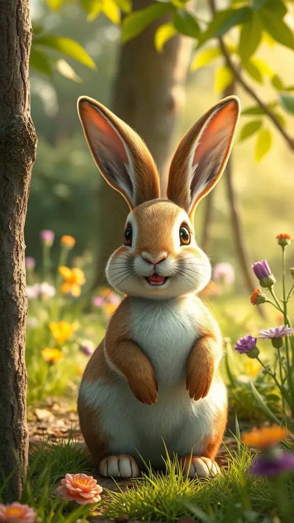 الأرنب يبدو خائفًا للحظة لكنه فجأة يبتسم بثقة.في الحديقه وسط الاشجار