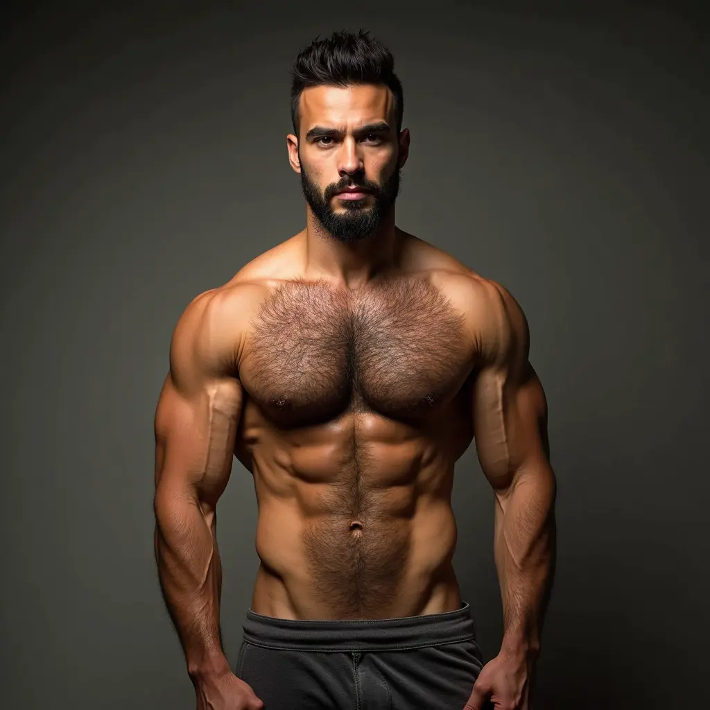 رجل عضلي ضخم وصدره معضل مشعر وملامحه عربيه وجذاب