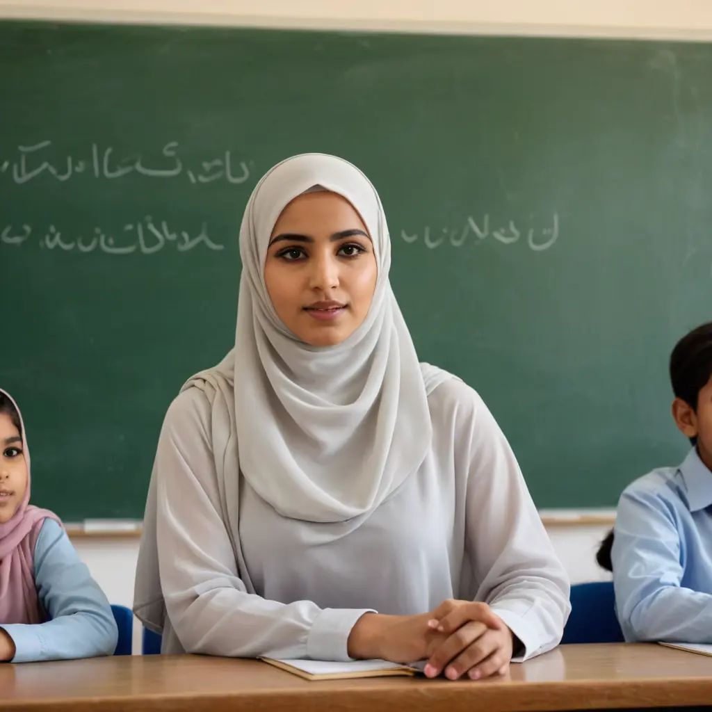 بنت عربية محجبة تقف في المدرسة تشرح للطلاب امام السبورة عمرها 27 عام ترتدي درس وحجاب