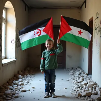 ولد يحمل علم فلسطين و علم الجزائر في مبنا مخرب