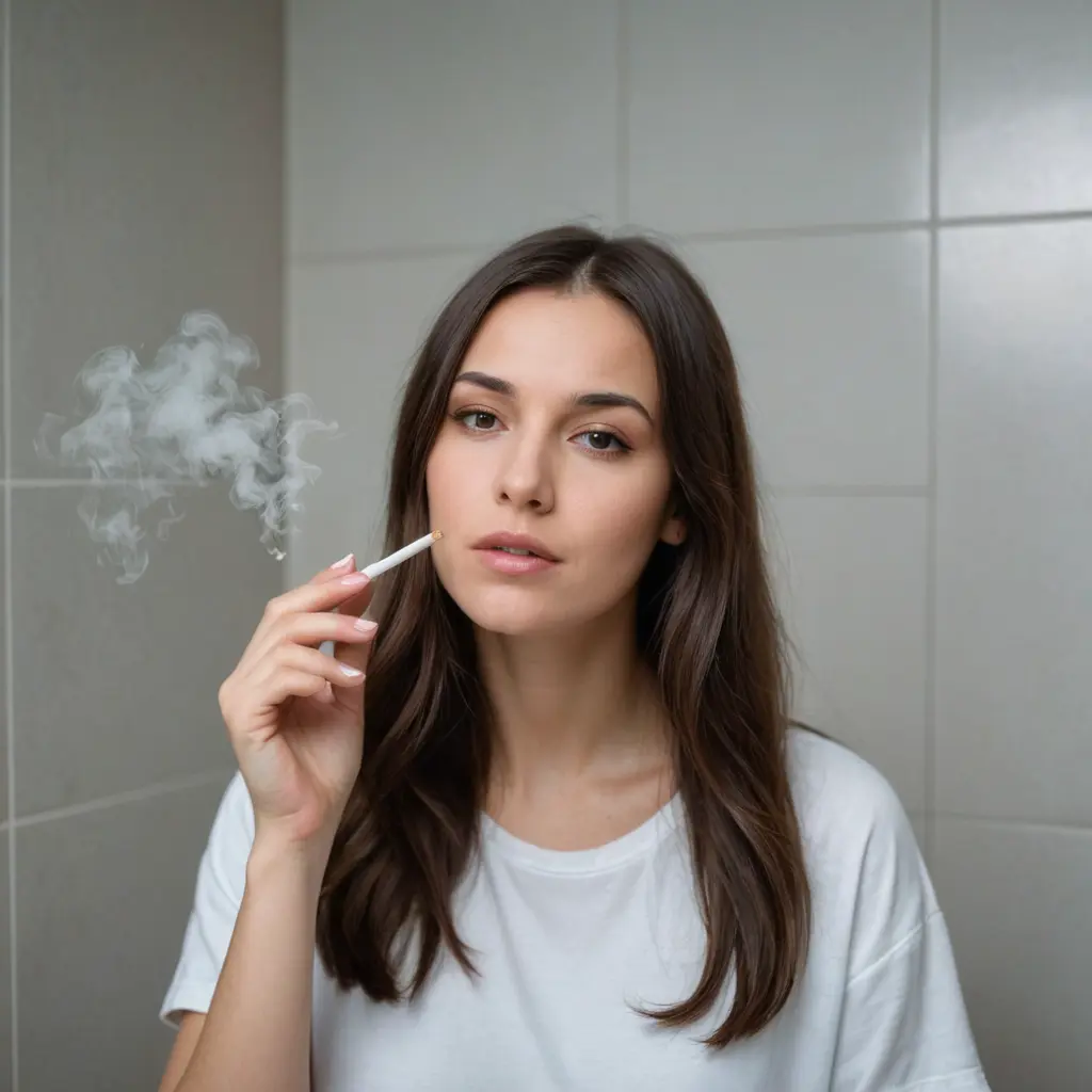 فتاة سمراء.في الحمام.تعاني من تساقط الشعر.تعاني من اكتآب وامراض.تقوم بالتدخين