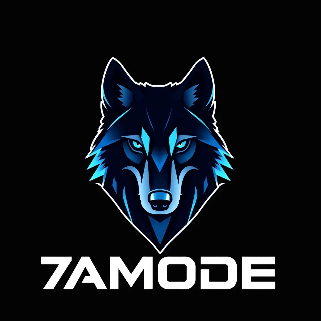 Generate a minimalistic futuristic style logo in 2d for a company named '7AMODE' . The logo should prominently feature Wolf and blue .