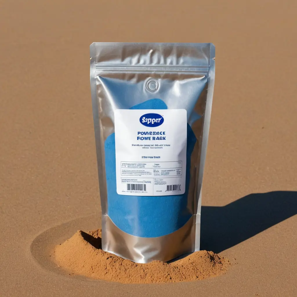 أريد صورة لمسحوق باللون الرمادي اازرق موضوع في حقيبة كرافت زرقاء من الاطار بسحاب ونافذة المنتج شفافة كاملة من الأعلى إلى الاسفل. حيت ممكن ان ترى المسحوق بالداخل في صحراء رملية بدون ملصق علة المنتج