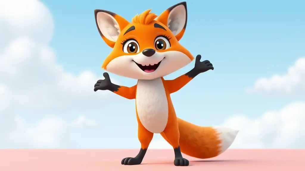 A full-body 3D cartoon fox character standing cheerfully in a bright, playful setting. The fox has vibrant orange fur, a white fluffy chest and cheeks, large shiny eyes with long lashes, and dark-tipped ears. It has a rounded face, expressive eyebrows, a small black nose, and an open smiling mouth showing tiny teeth. Its front paws are raised in excitement, and its big bushy tail curves joyfully behind it. The fox stands on two legs in a lively pose, giving off a happy and energetic vibe. The background is a clear blue sky with soft clouds. No humans or realistic textures — cartoon style only.
