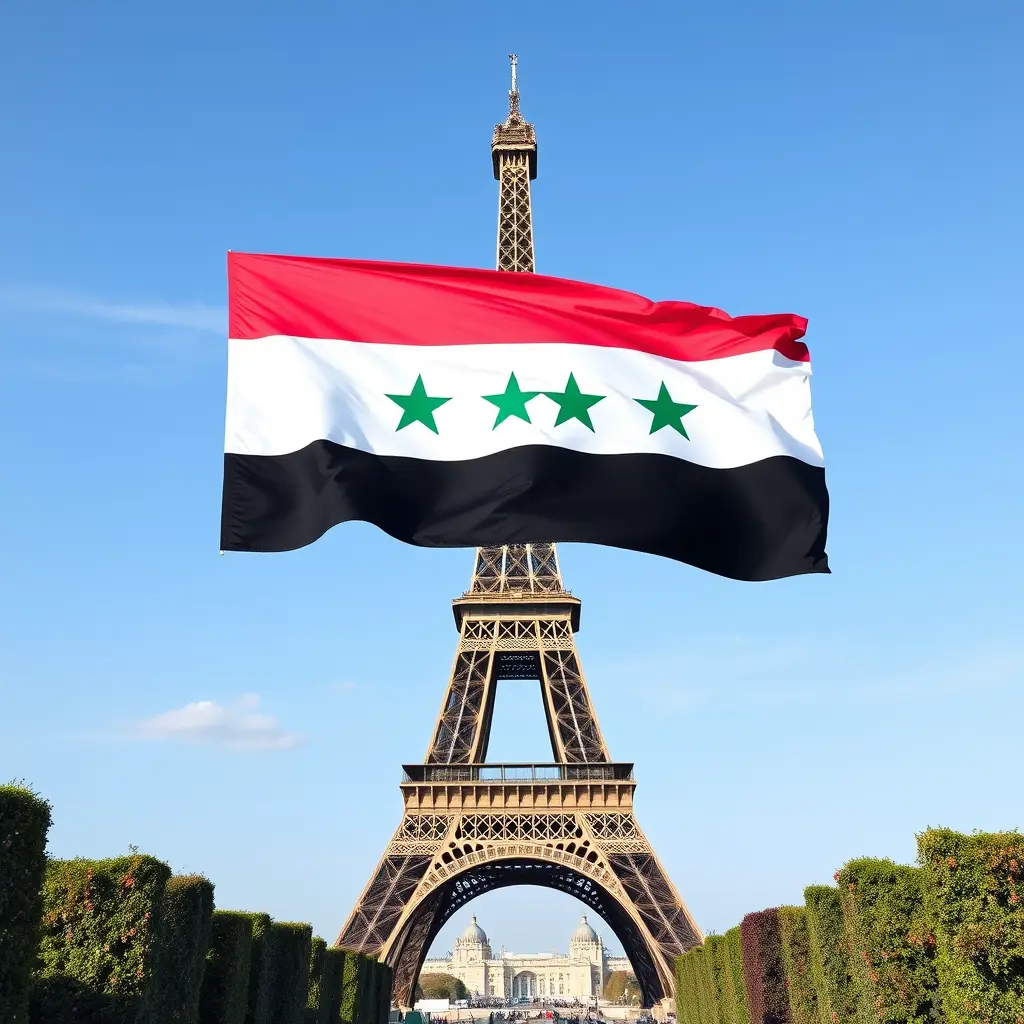 صورة علم سوريا الجديد فوق برج أيفل