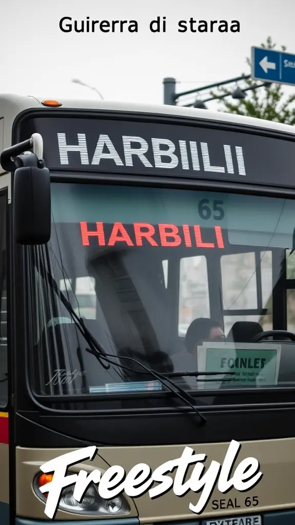 صورة لحافلة نقل (باص) مكتوب فيه HARBILI 65 يعني المحطة  و مكتوب في أعلى صورة Guerra di strada و في أسفل Freestyle 