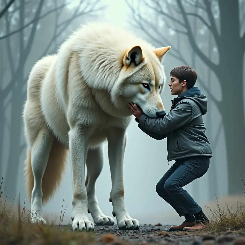 ذئب أبيض عملاق يهاجم شخص أعزل لكن الشخص يستطيع كسر عنق الذئب بقدمه اجعلها واقعية