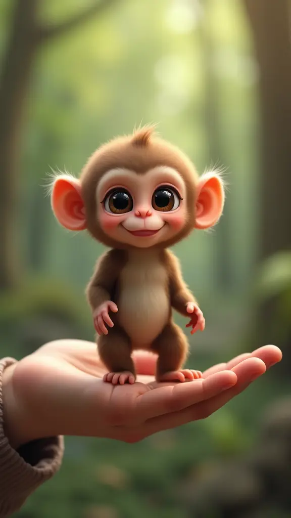 صورة رقمية عالية الدقة وواقعية للغاية لطفل قرد صغير وجذاب .يقف بداخل كف يد طفل صغير نظراً لحجمه الصغير الكيوت. يتميز القرد بفروه البني الفاتح ووجهه المضحك. عيونه السوداء الكبيرة تضفي عليه مظهراً مرحاً. الخلفية عبارة عن مشهد غابة بألوان الأخضر والبني