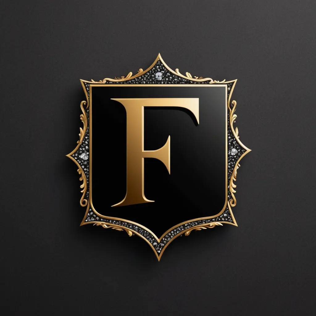 شعار ماركة أزياء بحرف F منمق، لامع، لامع، لامع، مصنوع بألوان الذهبي والأسود، حاد، عصري، فاخر