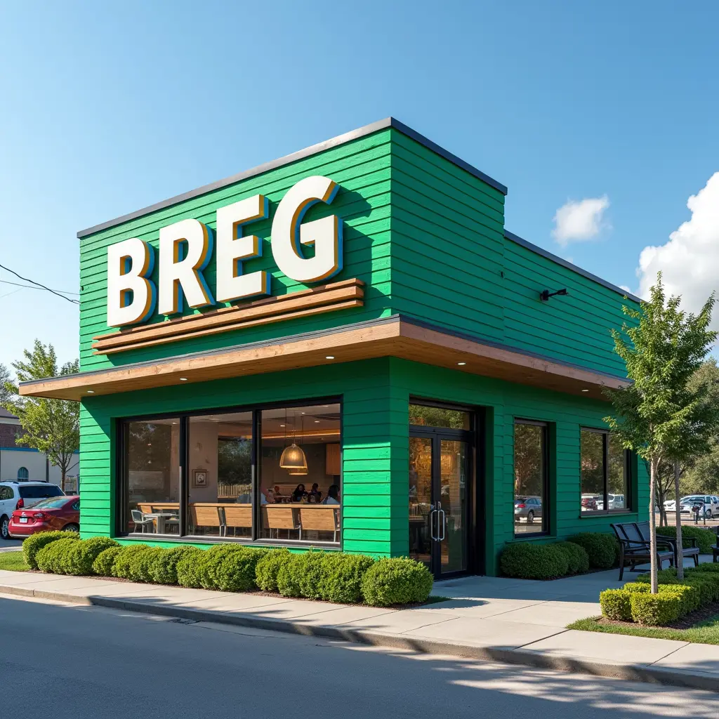 مطعم بأسم BREG لون اخضر و ازرق و علامه المطعم برجر