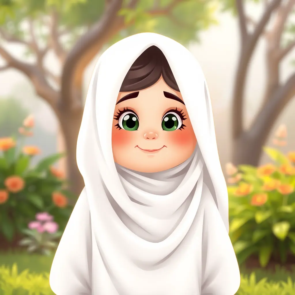 بنت جميله صغيرة سمينه تلبس حجاب ابيض وعبايه ابيض .كارتون وخلفيه جذابه للاطفال