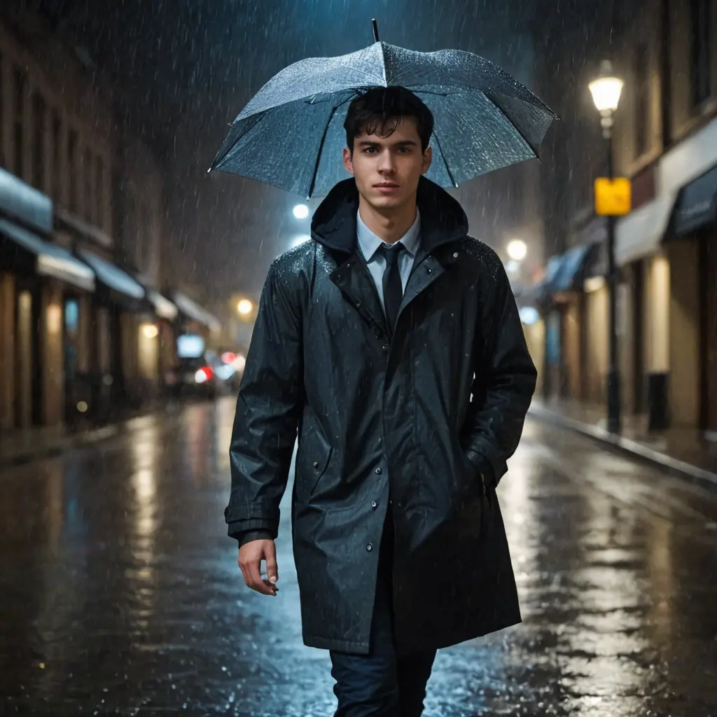 شاب يرتدي معطف ويسير تحت المطر ليلا