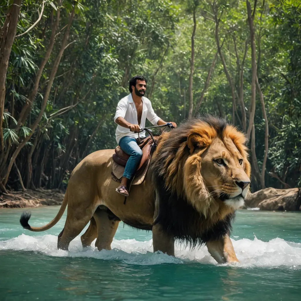 في وسط الغابة رجل عربي يركب على اسد ضخم وخلفه بحر صافي