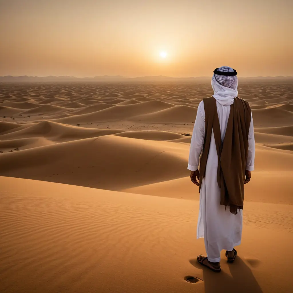 رجل سعودي يقف في صحراء عربية شاسعة عند غروب الشمس، حاملاً لافتة كُتب عليها "والله، عمل محمد أبو جامع". يرتدي شماغًا تقليديًا ملفوفًا حول رأسه ورقبته، بينما تُلقي درجات اللون الذهبي لغروب الشمس بظلالها الطويلة على التضاريس الرملية. تتميز الخلفية بكثبان رملية متدحرجة يغمرها ضوء دافئ وناعم، مما يخلق شعورًا بالعزلة والخشوع. حوّل هذا المشهد إلى لوحة رقمية لالتقاط التفاصيل الدقيقة والجمال الجوي الأخّاذ.