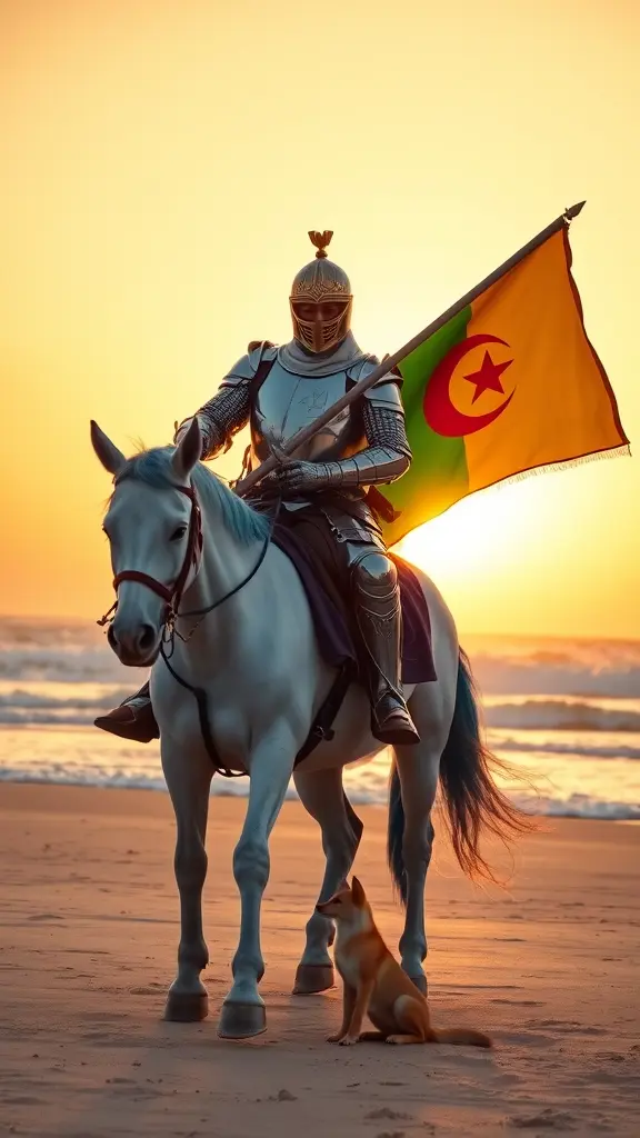 فارس على ظهر حصان، يحمل علم الجزائر يرتدي الفارس بدلة كاملة من الدروع ذات لمسات ذهبية وخوذة مع تاج في الأعلى. وهو يحمل سيفًا في يده اليمنى ودرعًا في يده اليسرى. الحصان أبيض اللون وبدة وذيل أزرقان. الخلفية عبارة عن شاطئ تتكسر أمواجه على الشاطئ. السماء برتقالية وصفراء، والشمس تغرب في المسافة. هناك أيضًا حيوان الفنك على الأرض أمام الفارس. المزاج العام للصورة درامي وقوي.