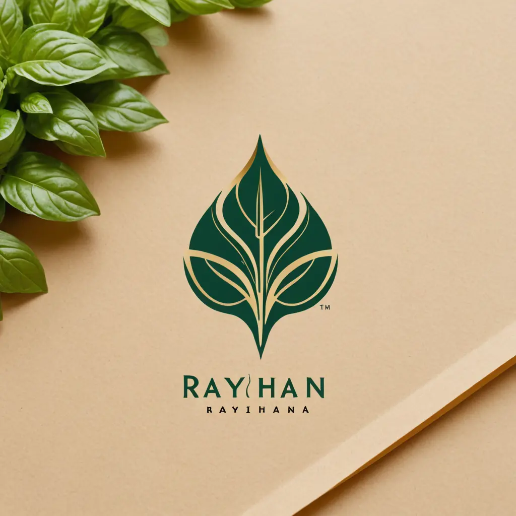 شعار بسيط لصفحة "ريحان"، استخدام اللون الأخضر والبيج والذهبي الذي يرمز إلى الريحان. مختصة بالتصميم الداخلي