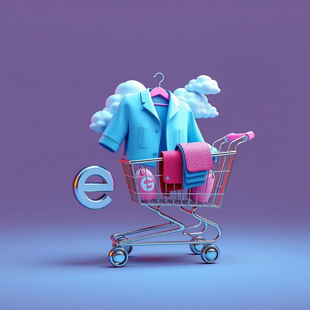 Generate a detailed futuristic style logo in 3d for a company named 'Emo' in the retail field. The logo should prominently feature Sky and clothes and shopping cart which uses cold colors palette.