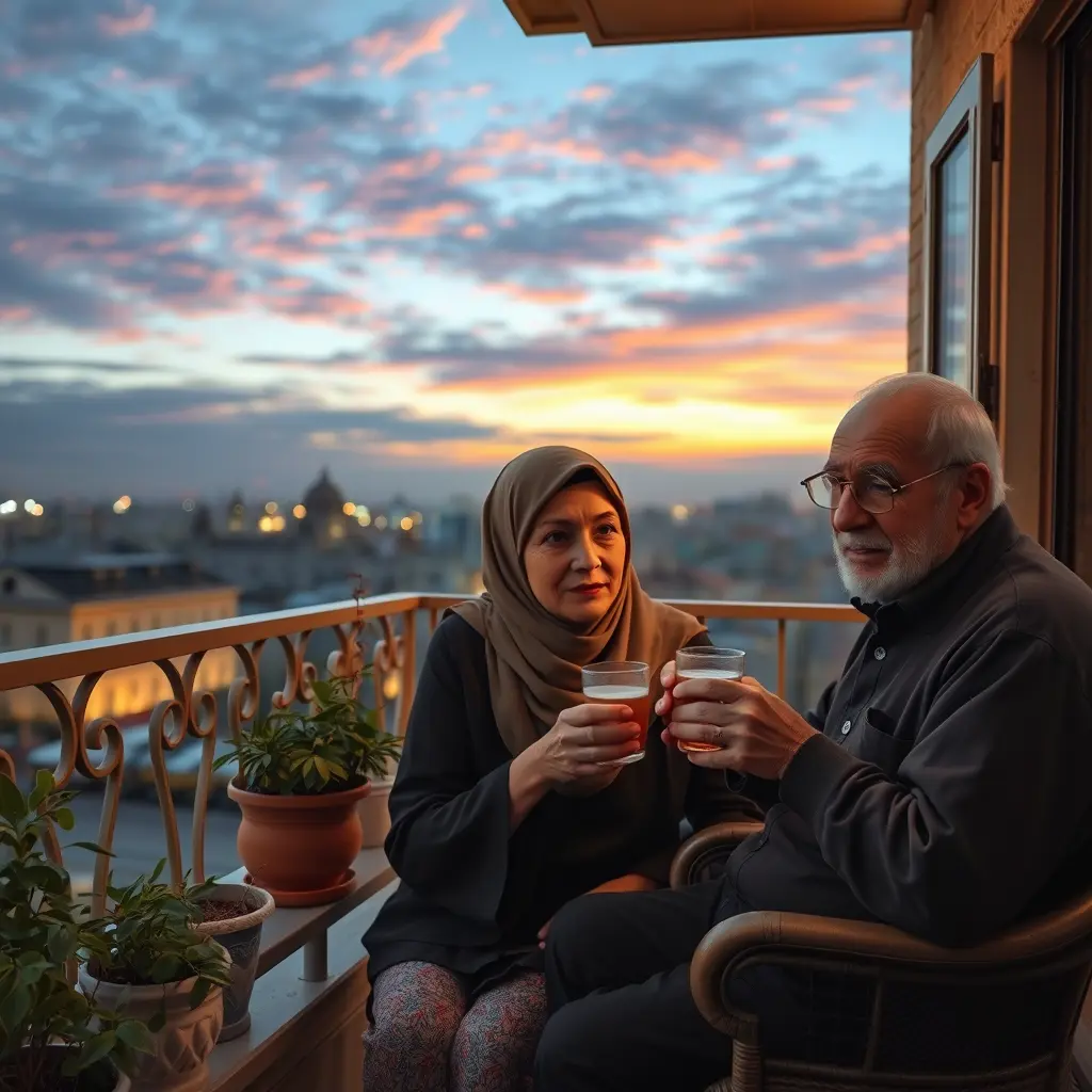 اريد صورة لرجل و ست كبيران في السن و الست محجبة و قاعدين في البلكونة بيشربوا شاي بالنعناع و في بلكونة مصرية و السما في الخلفية شكلها رائع و البلكونة فيها زرع و تكون بالليل و الست وشها حلو و مش كبيرة في السن جدا يعني سنها في ٤٠ مثلا و الرجل في بداية الخمسينات