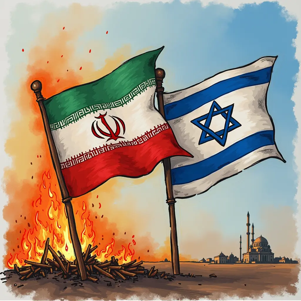 ارسم صوره علم ايران و إسرائيل يحترقان و في السماء علم العراق 
