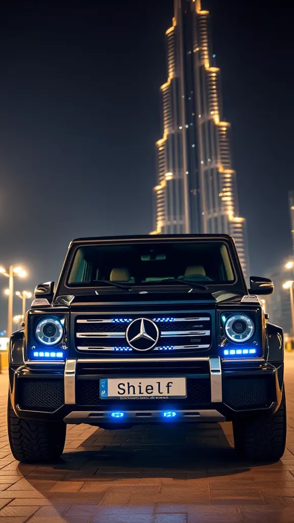 سيارة مرسيدس g class لون اسود عاتم أمام برج خليفة في الليل مع لوحة تحمل اسم ( درع ) مع إنارة زرقاء