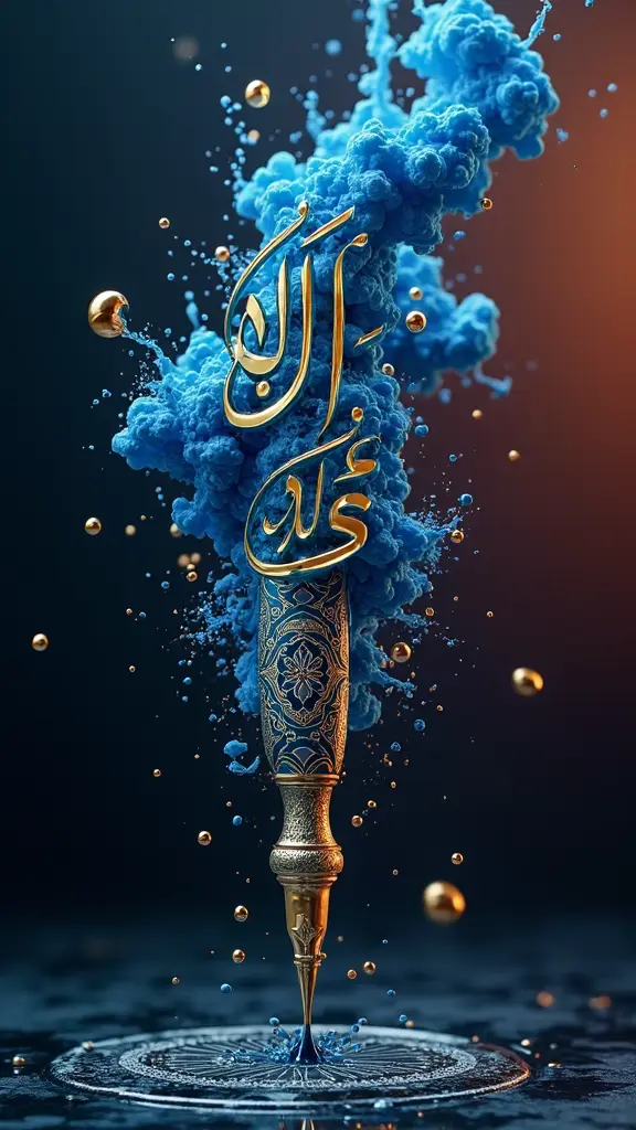 A majestic 3D golden Arabic calligraphy pen (Qalam), a single droplet of vibrant indigo ink transforming into a swirling cloud of floating Arabic letters (Alif, Lam, Ain, Ra) that dissolve into intricate Islamic arabesque patterns. The title 'اللغة العربية' is prominently carved in elegant Thuluth script with emerald green enamel. Background: deep sapphire blue and burgundy with mysterious golden gradients, volumetric lighting, hyperdetailed 8K, cinematic atmosphere