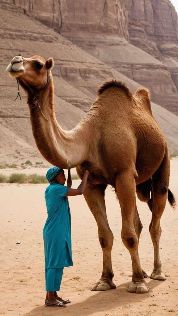 شخص يحضن ناقة واقفة على رجليها